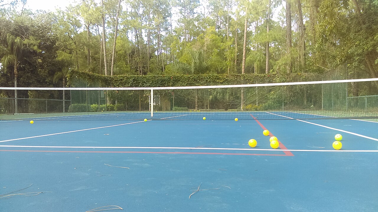 Multiple pickleballs scattered on tennis court with red pickleball lines painted on. Sunny day, trees in background, Naples FL.